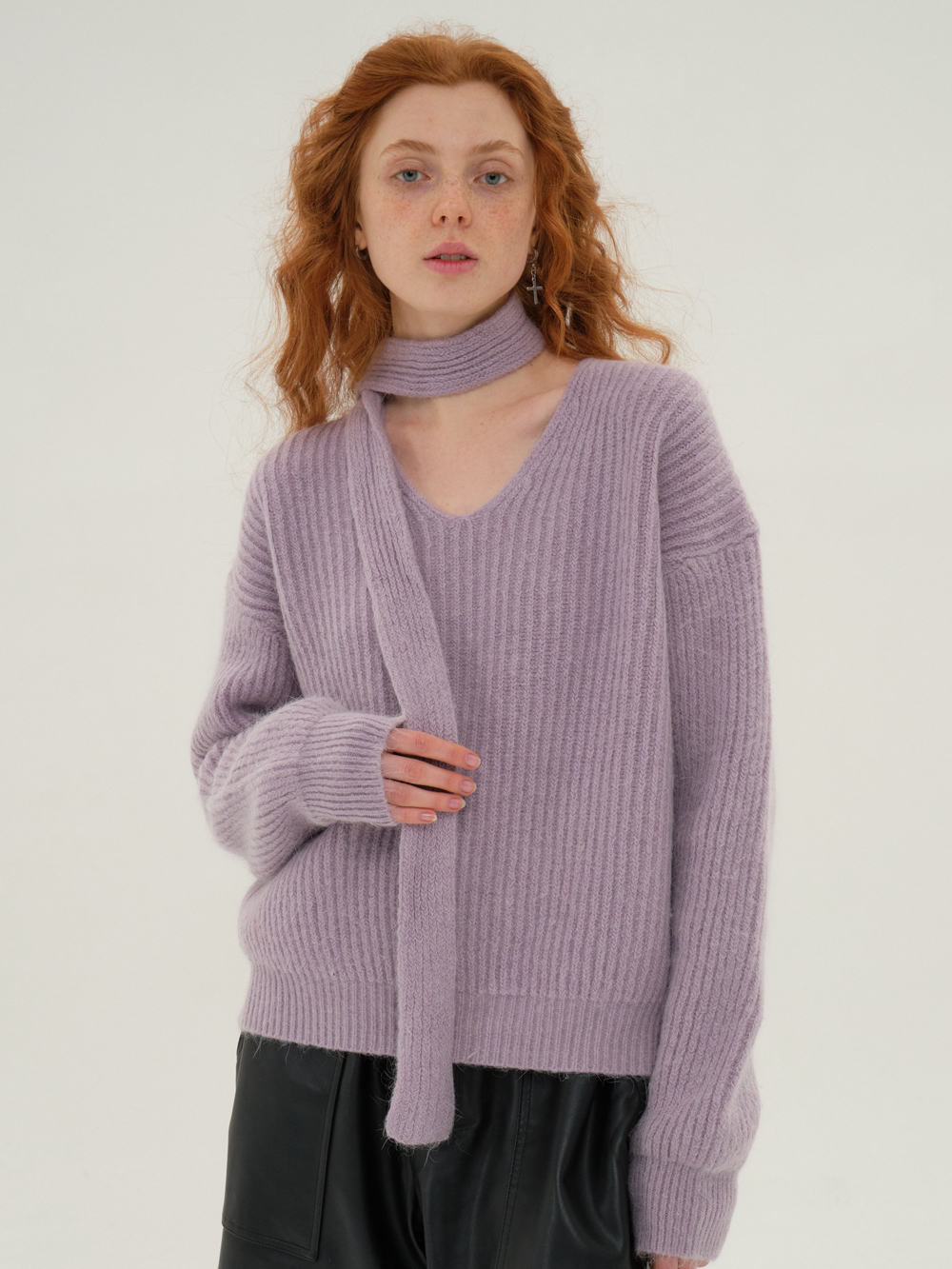 Angora V-Neck Tie Sweater Purple